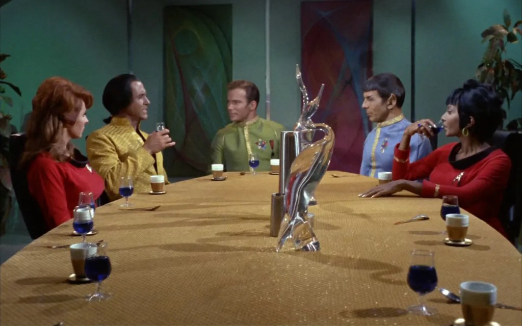 Scene from the 1967 Star Trek episode Space Seed starring William Shatner, Leonard Nimoy, Ricardo Montalbán